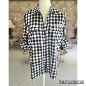 William Rast Top Blue White Plaid Roll-Tab Sleeve Button Up Shirt M Preppy Work